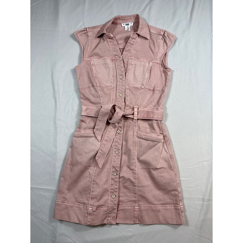 PAIGE Women Dusty Rose Pink Denim Button Front Belted Mini Dress Size 2